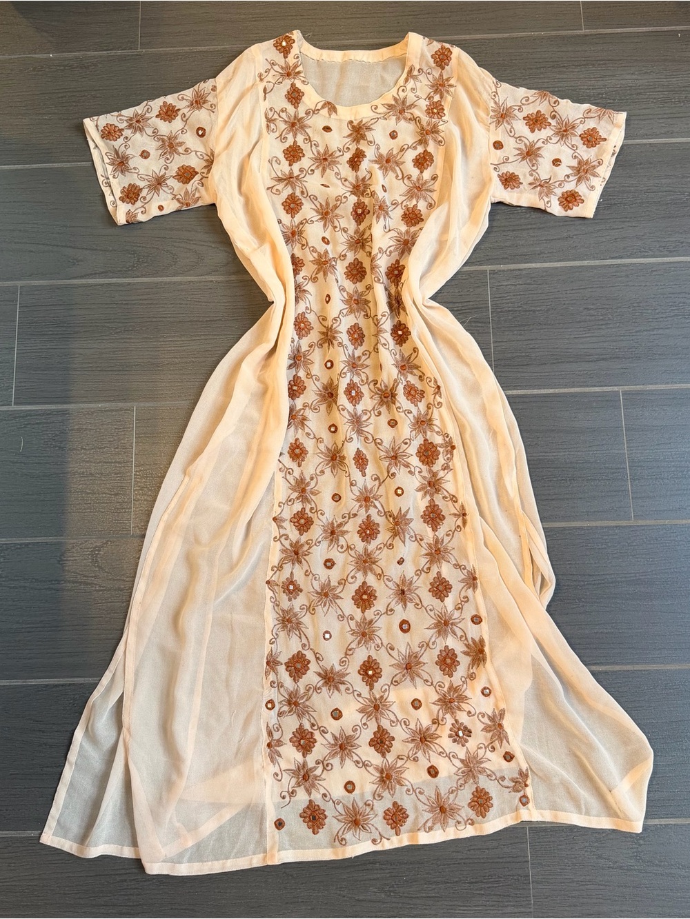 Embroidered Cream & Brown Maxi Dress